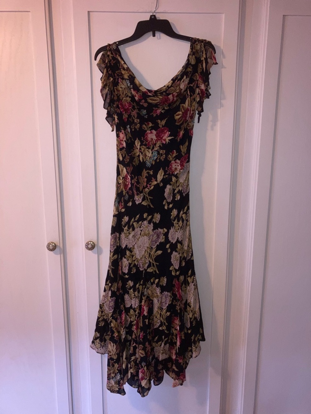 VTG 90s Majick Floral Black Ruffle-Trim Fairy Midi Dress with Beaded Details